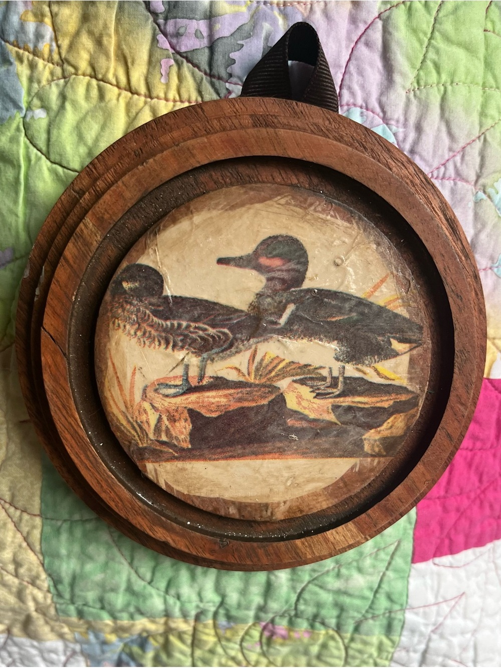 Vintage Wooden Framed Duck Print Wall Hanging & clicke base- warm brown